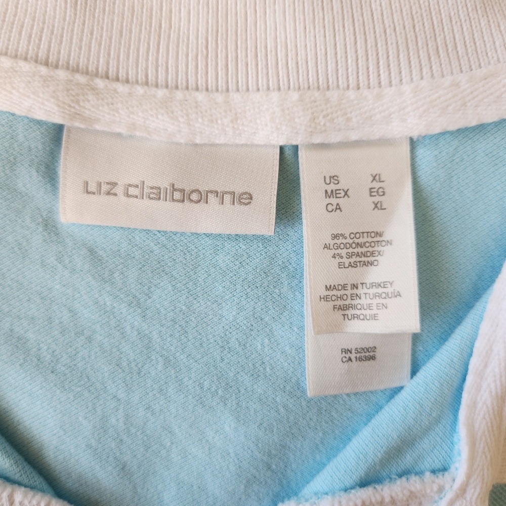 Liz‎ Claiborne Golf Polo Shirt Light Blue, White & Yellow Accents Petite L/XL - Picture 7 of 9